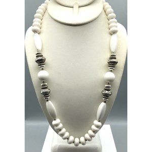 Vintage White Lucite Beaded Necklace with Silver Tone Spacers for a Classic